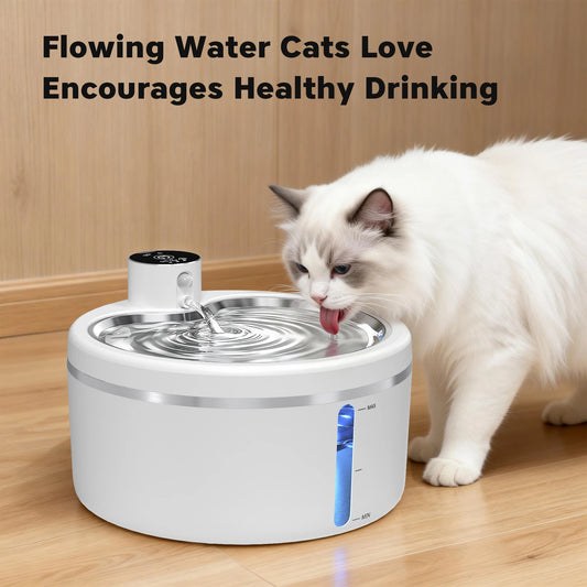 2.5L Cat Water Fountain Automatic Pet Water Purifier With Stainless Steel Tray, Smart Senor and 4000mAh Rechargeable Batteries