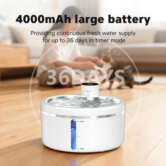 2.5L Cat Water Fountain Automatic Pet Water Purifier With Stainless Steel Tray, Smart Senor and 4000mAh Rechargeable Batteries