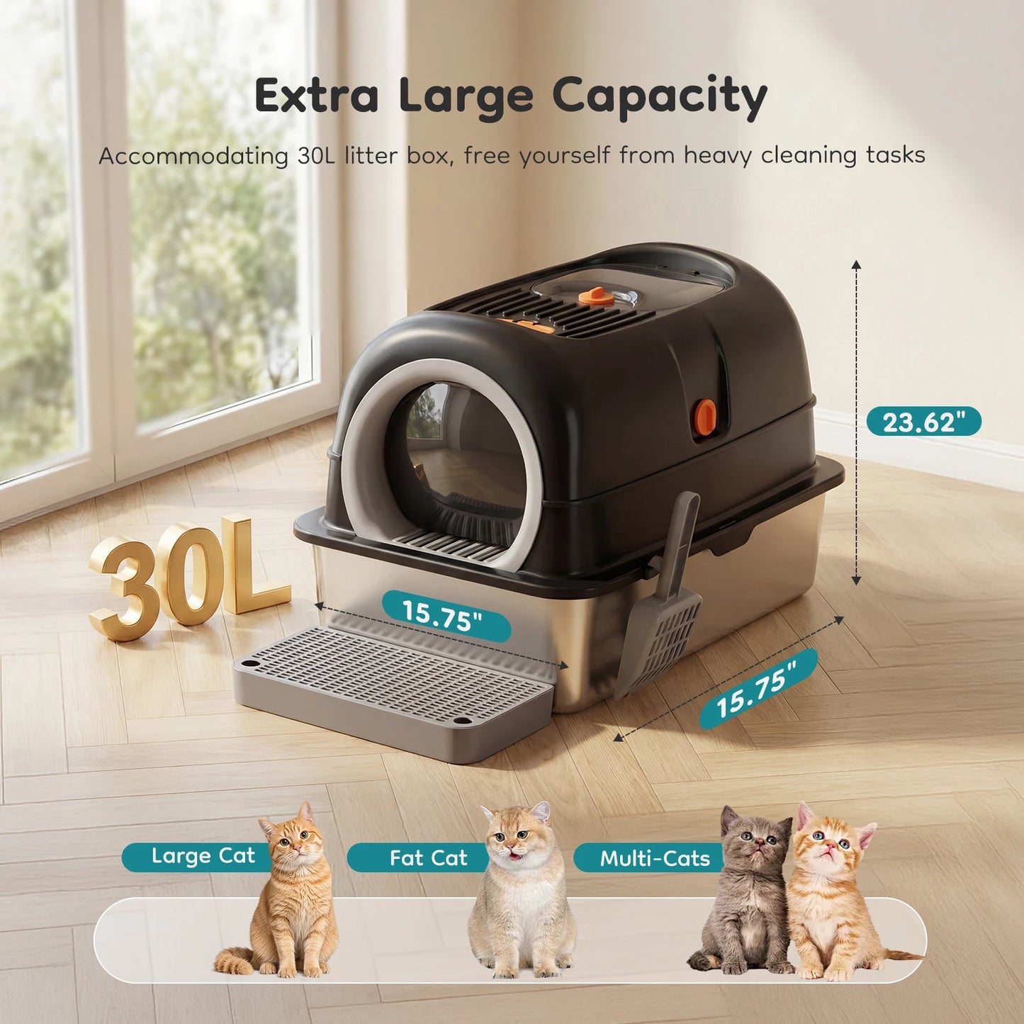 JHK 24IN Stainless Steel Cat Litter Box with Fully Enclosed 30L Large Cat Litter Box for Big Cats Cat Box Scoop and Mat Included