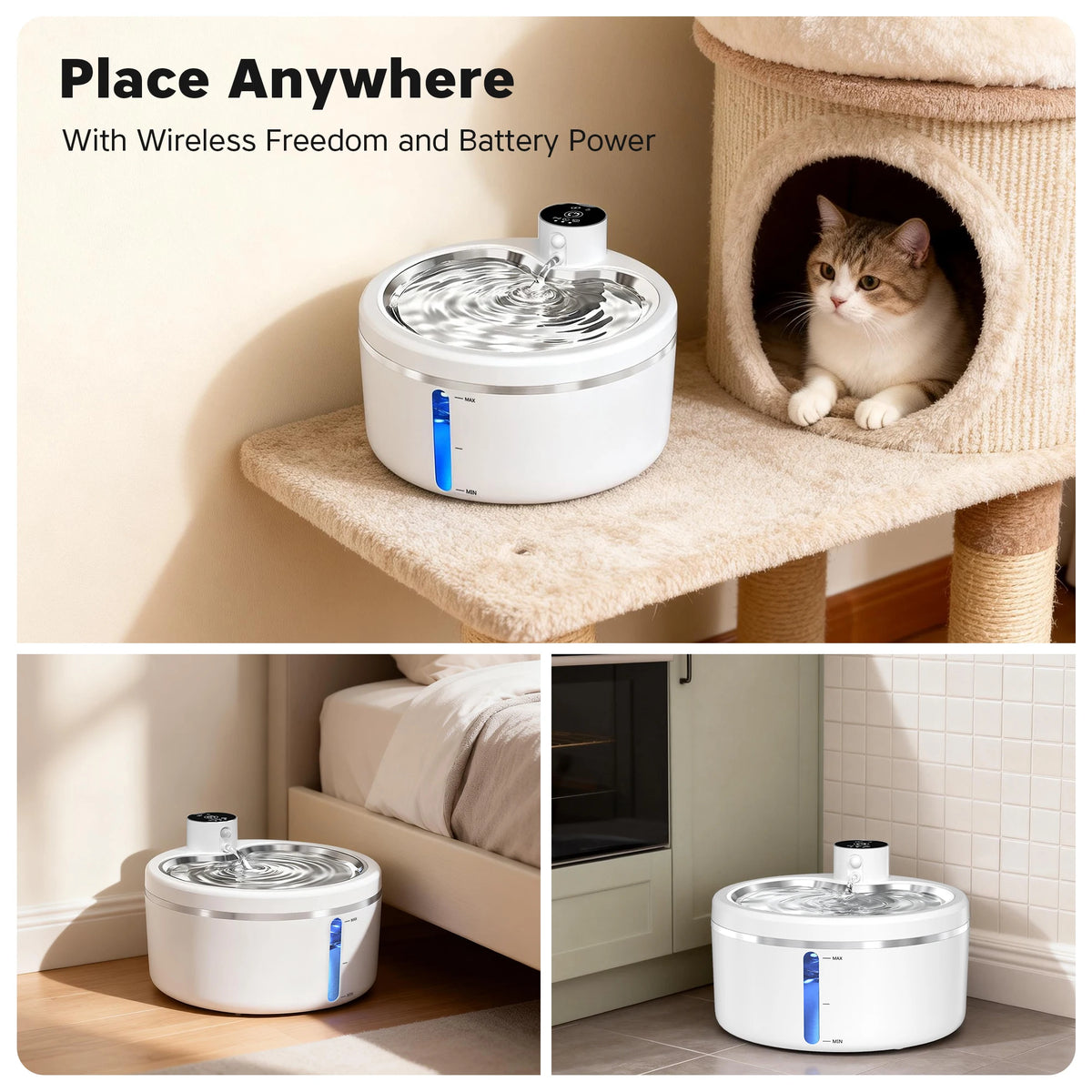 2.5L Cat Water Fountain Automatic Pet Water Purifier With Stainless Steel Tray, Smart Senor and 4000mAh Rechargeable Batteries