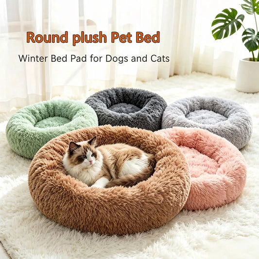 Soft Pet Cat Bed Pad Plush Warm Faux Fur Dog Calm Bed Donut Round Bed Comfortable Sleeping Washable for Small Medium Dog and Cat