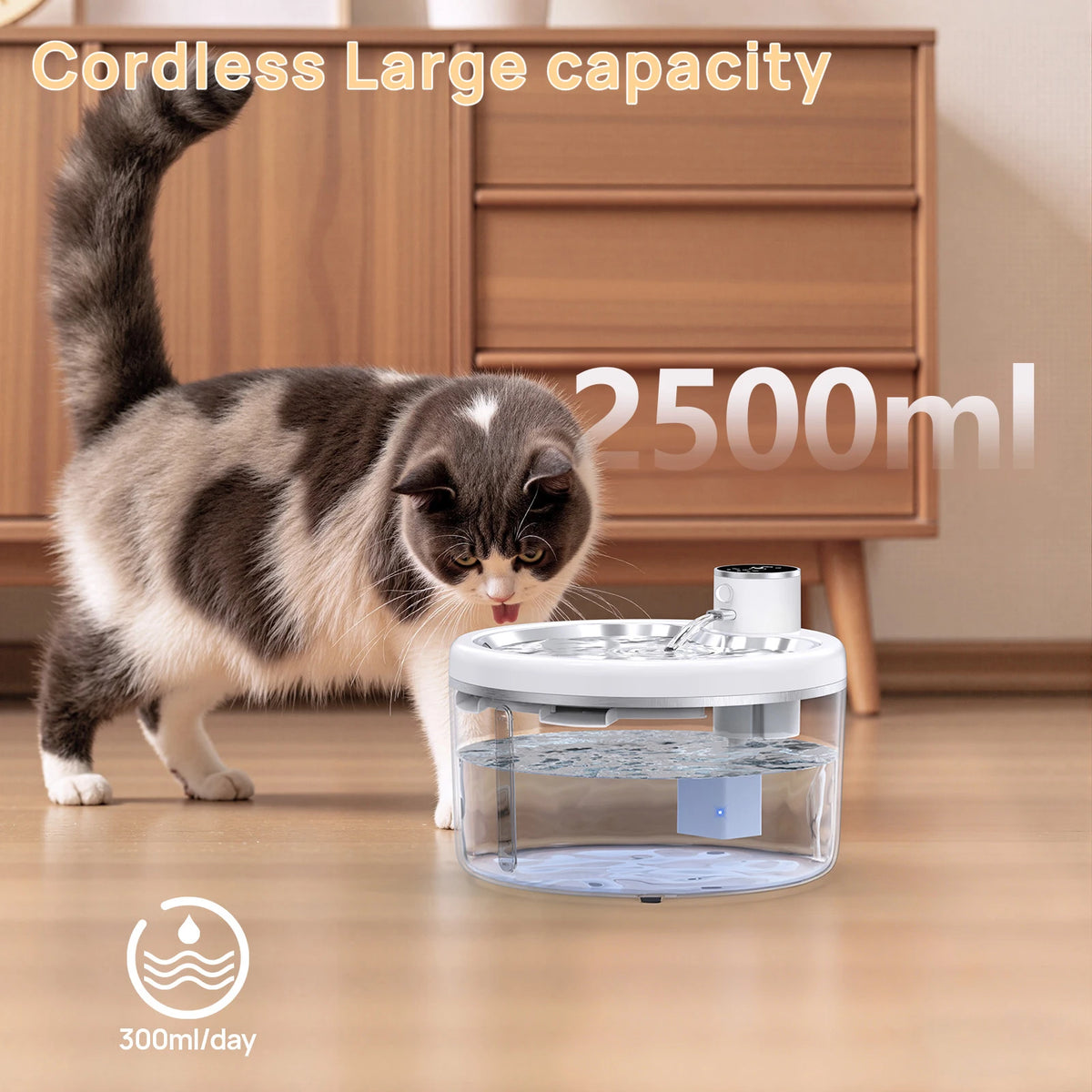 2.5L Cat Water Fountain Automatic Pet Water Purifier With Stainless Steel Tray, Smart Senor and 4000mAh Rechargeable Batteries