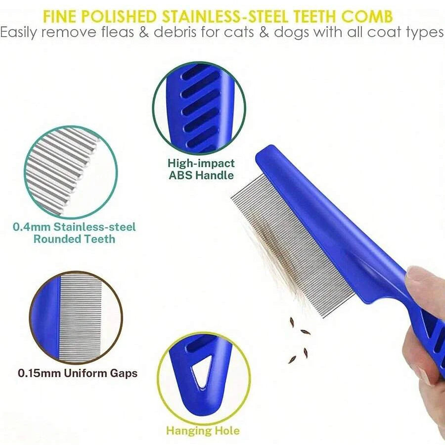 4 Pack Flea Lice Comb, Stainless Steel Dog Cat Grooming Combs with Rounded Teeth, Double Sided Professional Pet Tear Stain Remover