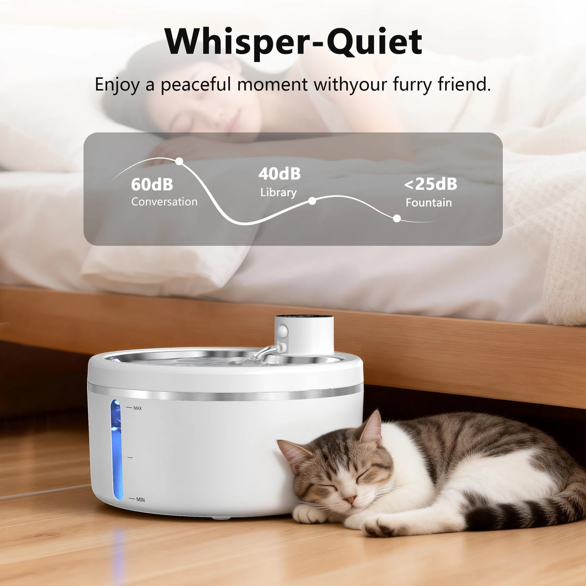 2.5L Cat Water Fountain Automatic Pet Water Purifier With Stainless Steel Tray, Smart Senor and 4000mAh Rechargeable Batteries